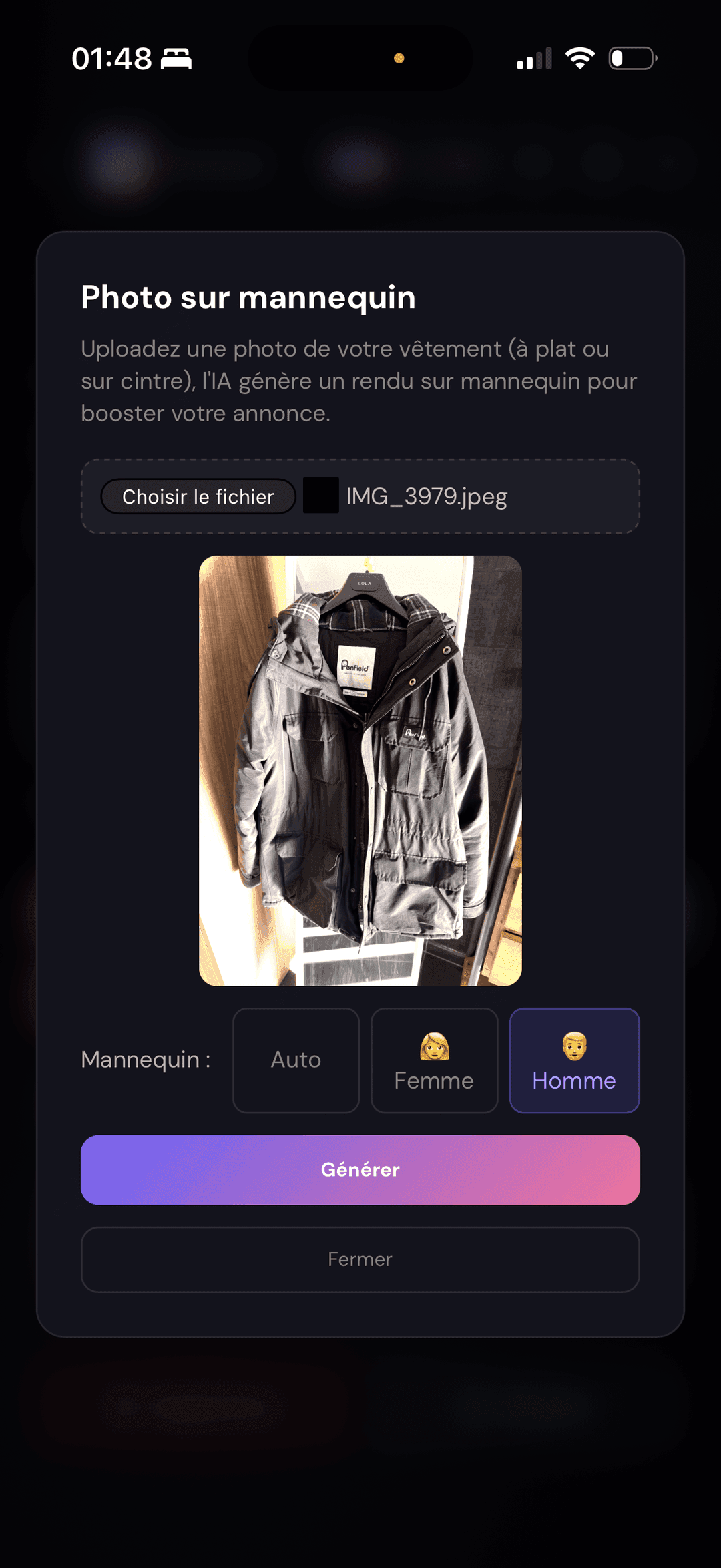 Upload de vêtement pour génération mannequin